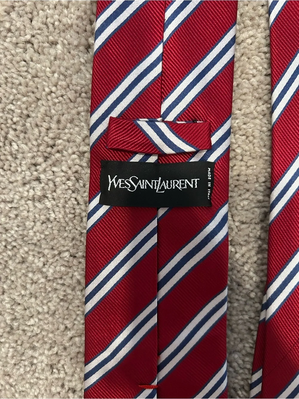 Yves Saint Laurent Red Stripe Silk Tie with Navy & White Accents